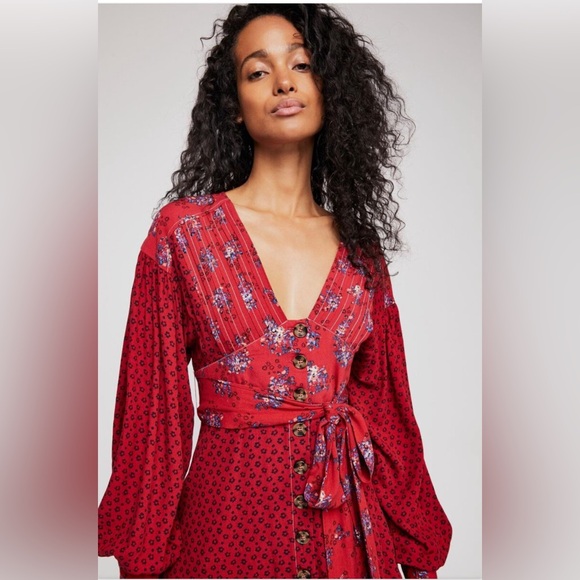 Free People Wonderland Floral Fit and Flare Long Sleeve Mini Dress Small - Picture 2 of 9